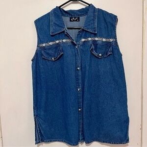 90 Vintage denim tank top sleveless button jeans collar shirt women flower large